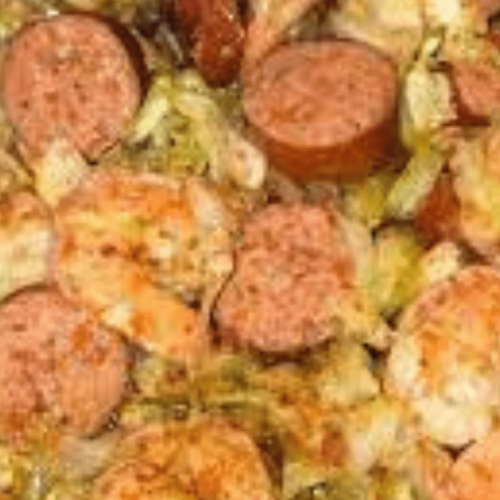 fried cabbage with sausage and shrimp